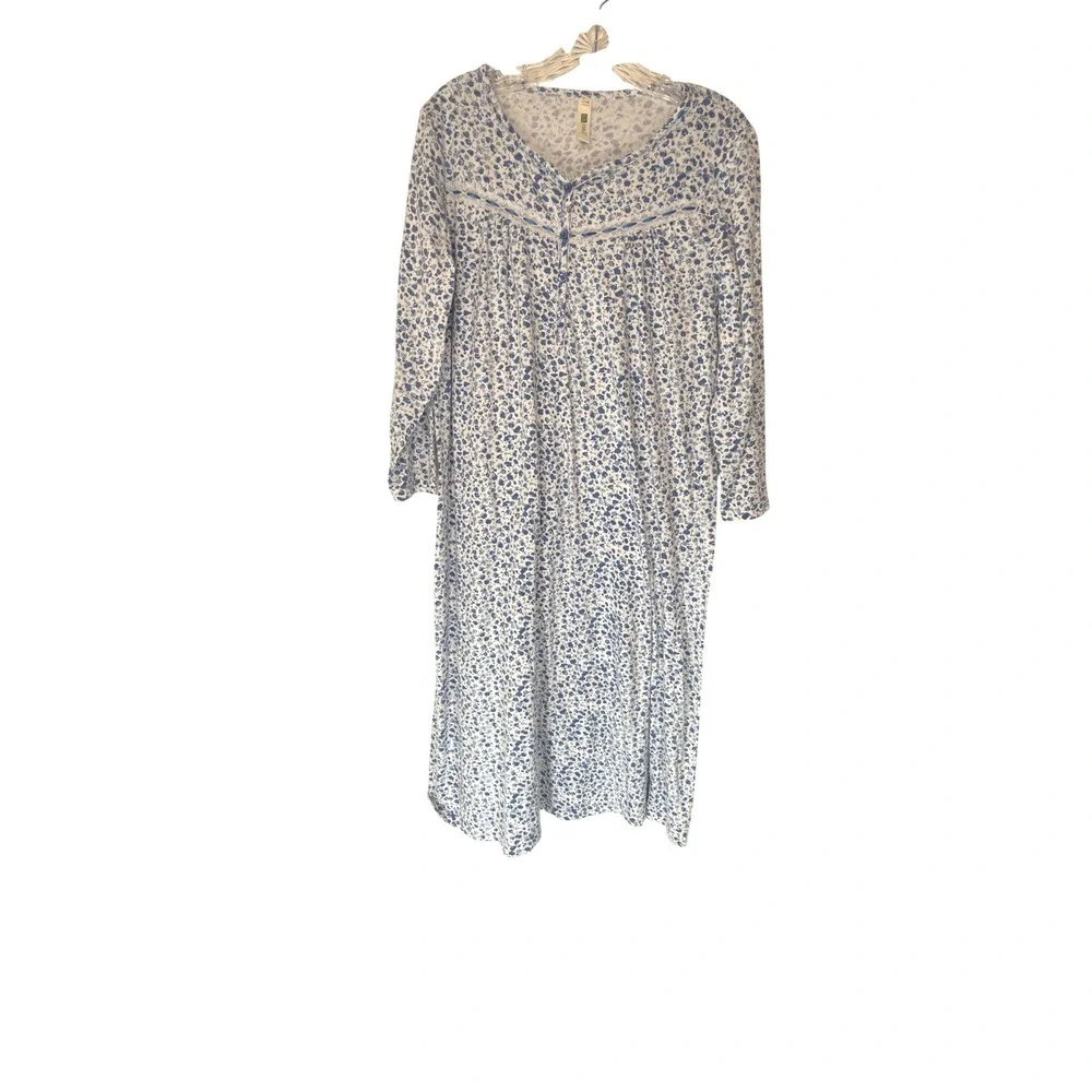 La Cera Nightgown Blue White Floral Lace Lounge Loungewear‎ Cozy Sleep XS